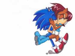 Size: 600x451 | Tagged: safe, artist:azumiangel, princess sally acorn (sonic), sonic the hedgehog (sonic), chipmunk, hedgehog, mammal, rodent, anthro, archie sonic the hedgehog, sega, sonic the hedgehog (series), 2011, blue body, blue fur, boots, brown body, brown fur, clothes, eyes closed, female, fur, hair, jacket, kissing, male, male/female, red hair, shoes, simple background, sneakers, sonally (sonic), tears, topwear, white background