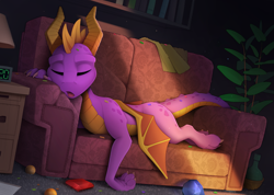 Size: 2180x1550 | Tagged: safe, artist:yakovlev-vad, spyro the dragon (spyro), dragon, fictional species, reptile, scaled dragon, western dragon, feral, spyro the dragon (series), 2022, alarm clock, claws, clock, couch, dragon wings, eyes closed, gem, horn, male, paws, plant, purple scales, scales, sleeping, solo, solo male, tail, wings