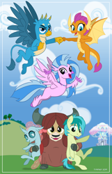 Size: 580x900 | Tagged: safe, artist:tim-kangaroo, gallus (mlp), ocellus (mlp), sandbar (mlp), silverstream (mlp), smolder (mlp), yona (mlp), arthropod, bird, changedling, changeling, dragon, earth pony, equine, feline, fictional species, gryphon, hippogriff, mammal, pony, western dragon, yak, feral, friendship is magic, hasbro, my little pony, 2d, colt, cute, dragoness, female, foal, group, looking at you, male, on model, smiling, smiling at you, student six (mlp), teenager, young
