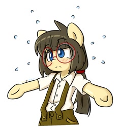 Size: 715x757 | Tagged: safe, artist:spheedc, oc, oc only, oc:sphee, earth pony, equine, fictional species, mammal, pony, hasbro, my little pony, bipedal, bottomwear, button-up shirt, clothes, dress shirt, female, glasses, mare, pants, round glasses, shirt, simple background, solo, solo female, suspenders, topwear, white background