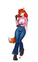 Size: 800x1280 | Tagged: suggestive, artist:taurus_art, oc, oc only, oc:aeril (helios), canine, fox, mammal, anthro, digitigrade anthro, 2020, amber eyes, barefoot, big breasts, biting, breasts, claws, cleavage, cleavage window, clothes, digital art, dipstick tail, feet, female, fur, gift art, gloves (arm marking), jeans, lip biting, looking at you, orange body, orange fur, pants, playing with hair, seductive look, signature, simple background, solo, solo female, standing, sweater, tail, tippy-toes, toe claws, toes, topwear, vixen, white background, white body, white fur