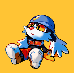 Size: 850x830 | Tagged: safe, artist:happycrumble, klonoa (klonoa), mammal, anthro, bandai namco, klonoa, namco, bottomwear, cap, clothes, collar, ears, gloves, hat, headwear, long ears, male, shoes, shorts, simple background, sitting, smiling, solo, solo male, yellow background