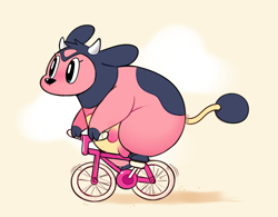 Size: 950x740 | Tagged: safe, artist:happycrumble, fictional species, miltank, semi-anthro, nintendo, pokémon, arm hooves, bicycle, biking, cloven hooves, ears, female, hooves, horns, simple background, solo, solo female, tail, white background