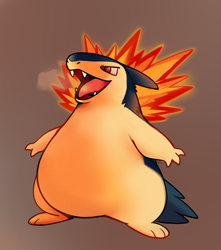 Size: 920x1040 | Tagged: safe, artist:happycrumble, fictional species, typhlosion, semi-anthro, nintendo, pokémon, ambiguous gender, fangs, fire, open mouth, red eyes, sharp teeth, solo, solo ambiguous, starter pokémon, teeth