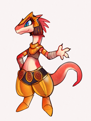 Size: 830x1100 | Tagged: safe, artist:happycrumble, miura (ever oasis), drauk, fictional species, reptile, anthro, ever oasis, nintendo, 2019, blue eyes, claws, clothes, eyelashes, female, simple background, smiling, solo, solo female, tail, white background