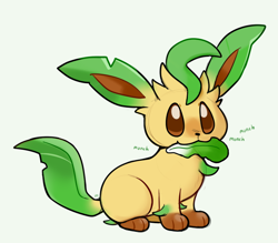 Size: 730x640 | Tagged: safe, artist:happycrumble, eeveelution, fictional species, leafeon, mammal, feral, nintendo, pokémon, brown eyes, holding, leaf, mouth hold, munching, onomatopoeia, simple background, text, white background