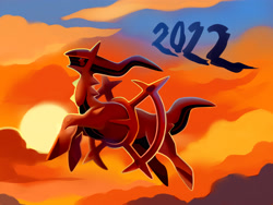 Size: 4000x3000 | Tagged: safe, artist:happycrumble, arceus, fictional species, legendary pokémon, mythical pokémon, feral, nintendo, pokémon, 2022, ambiguous gender, cloud, cloudy, flying, holiday, new year, solo, solo ambiguous, sunset, tail