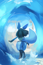 Size: 720x1080 | Tagged: suggestive, artist:ozoneserpent, fictional species, lucario, mammal, anthro, digitigrade anthro, nintendo, pokémon, 2022, bottomless, breasts, butt, clothes, detailed background, digital art, ears, female, fur, gloves (arm marking), hair, nudity, ocean, partial nudity, rear view, rearboob, solo, solo female, tail, tank top, thighs, topwear, water, wide hips