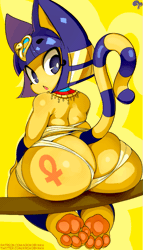 Size: 477x834 | Tagged: suggestive, artist:evenesko.d.fox, artist:krokobyaka, collaboration, ankha (animal crossing), cat, feline, mammal, anthro, digitigrade anthro, animal crossing, nintendo, 2022, 2d, 2d animation, accessories, animated, bandage, butt, digital art, ears, eyelashes, female, fur, gif, hair, jewelry, looking at you, looking back, looking back at you, open mouth, paw pads, paws, rear view, simple background, sitting, solo, solo female, tail, thighs, wide hips