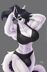 Size: 1600x2456 | Tagged: safe, artist:wmdiscovery93, oc, oc:gwen (wmdiscovery93), canine, mammal, wolf, anthro, abs, bikini, bra, breasts, clothes, crotch bulge, glasses, intersex, intersex female, muscles, muscular intersex female, solo, solo intersex female, sunglasses, swimsuit, thunder thighs, underwear