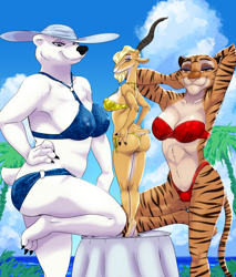 Size: 1068x1254 | Tagged: suggestive, artist:akiric, gazelle (zootopia), antelope, bear, big cat, bovid, feline, gazelle, mammal, polar bear, tiger, anthro, unguligrade anthro, disney, zootopia, 2022, antlers, armpits, arms behind head, beach, bedroom eyes, belly button, bikini, black nose, breasts, butt, clothes, cloud, cloven hooves, detailed background, digital art, ears, eyelashes, female, females only, fur, hair, hand on hip, hooves, looking at you, looking back, looking back at you, major friedkin (zootopia), nipple outline, officer fangmeyer (zootopia), palm tree, plant, pose, rear view, sideboob, sky, straw hat, swimsuit, tail, thighs, tree, trio, trio female, wide hips