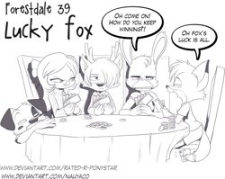 Size: 1487x1186 | Tagged: safe, artist:forestdalecomic, bird, canine, cervid, dalmatian, deer, dog, fox, hare, hybrid, lagomorph, mammal, songbird, sparrow, wolf, anthro, card game, cookie, female, food, group, male, poker, poker face, sitting, table