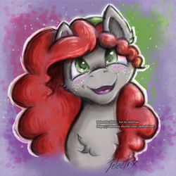 Size: 1000x1000 | Tagged: safe, artist:deleetrix, oc, oc only, oc:scenic spatter (allyclaw), equine, mammal, pony, feral, art fight, friendship is magic, hasbro, my little pony, 2022, artfight2022, bust, digital art, female, fur, gray body, gray fur, green eyes, hair, happy, mane, mare, open mouth, portrait, red hair, red mane, solo, solo female