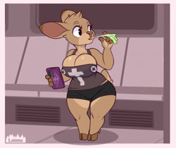 Size: 1280x1076 | Tagged: safe, artist:loimu, cervid, deer, mammal, anthro, big breasts, bottomwear, breasts, cell phone, clothes, cloven hooves, female, hooves, leek, phone, shorts, shortstack, solo, solo female, tank top, thick thighs, thighs, topwear, wide hips