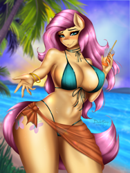 Size: 2250x3000 | Tagged: suggestive, artist:ashimaroo, fluttershy (mlp), equine, fictional species, mammal, pegasus, pony, anthro, friendship is magic, hasbro, my little pony, 2022, absolute cleavage, anthrofied, big breasts, bikini, blushing, breasts, cleavage, clothes, female, hair, high res, mane, nudity, partial nudity, pink hair, pink mane, pink tail, solo, solo female, swimsuit, tail, wingless, wingless anthro, yellow body