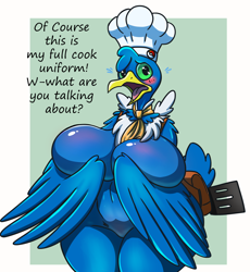 Size: 1374x1492 | Tagged: suggestive, artist:creampup, bird, cramorant, fictional species, anthro, nintendo, pokémon, 2022, beak, big breasts, blushing, breast squish, breasts, chef's hat, clothes, covering breasts, dialogue, digital art, ears, embarrassed, embarrassed nude exposure, eyelashes, feathered wings, feathers, featureless crotch, female, fluff, fur, hat, headwear, looking at you, neck fluff, nudity, open mouth, pokémon unite, simple background, solo, solo female, tail, talking, talking to viewer, text, thighs, tongue, wide hips, winged arms, wings