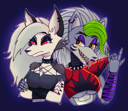 Size: 2000x1725 | Tagged: safe, artist:1ndigocat, loona (vivzmind), roxanne wolf (fnaf), animatronic, canine, fictional species, hellhound, mammal, robot, wolf, anthro, five nights at freddy's, five nights at freddy's: security breach, hazbin hotel, helluva boss, 2022, arms under breasts, black nose, clothes, collar, colored sclera, crossed arms, crossover, digital art, duo, duo female, ear piercing, ears, evening gloves, eyelashes, female, females only, fingerless gloves, fluff, fur, gloves, gray hair, green hair, hair, long gloves, looking at each other, open mouth, piercing, red sclera, sharp teeth, shoulder fluff, shoulder pads, spiked collar, tank top, teeth, tongue, tongue out, topwear, unamused