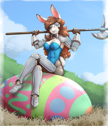 Size: 1728x2011 | Tagged: safe, artist:otakuap, oc, oc only, oc:alenora, lagomorph, mammal, rabbit, anthro, digitigrade anthro, 2021, abs, axe, battle axe, belly button, biceps, black nose, blep, breasts, bunny suit, clothes, detailed background, digital art, ears, easter, easter egg, eyelashes, female, fur, hair, looking at you, muscles, muscular female, one eye closed, scar, sitting, solo, solo female, tail, thighs, tongue, tongue out, unconvincing armor, weapon, wide hips