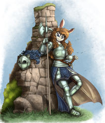 Size: 1556x1835 | Tagged: safe, artist:otakuap, oc, oc only, oc:alenora, lagomorph, mammal, rabbit, anthro, 2020, armor, axe, battle axe, black nose, boots, breasts, clothes, detailed background, digital art, ears, eyelashes, female, fur, hair, headwear, helmet, leaning back, looking at you, scar, shoes, solo, solo female, tail, thighs, weapon