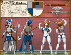 Size: 2800x2197 | Tagged: safe, artist:otakuap, oc, oc only, oc:alenora, lagomorph, mammal, rabbit, anthro, digitigrade anthro, 2020, abs, armor, axe, battle axe, belly button, biceps, bikini, black nose, breasts, butt, clothes, digital art, ears, eyelashes, female, fur, hair, muscles, muscular female, rear view, reference sheet, sand, scar, sideboob, solo, solo female, swimsuit, sword, tail, thighs, weapon, wide hips