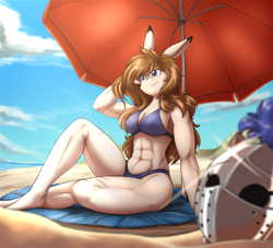 Size: 1696x1537 | Tagged: safe, artist:otakuap, oc, oc only, oc:alenora, lagomorph, mammal, rabbit, anthro, plantigrade anthro, 2019, abs, beach blanket, beach umbrella, biceps, bikini, black nose, breasts, clothes, detailed background, digital art, ears, eyelashes, female, front view, fur, hair, headwear, helmet, muscles, muscular female, nudity, partial nudity, pose, scar, sitting, smiling, solo, solo female, swimsuit, tail, thighs, umbrella, wide hips