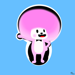 Size: 1000x1000 | Tagged: safe, artist:saratchi, tibby (rhythm heaven), bear, mammal, anthro, nintendo, rhythm heaven, blue background, bow, bow tie, clothes, cub, male, open mouth, raised arm, simple background, solo, solo male, tongue, young