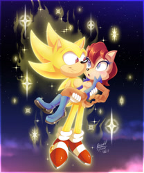 Size: 816x980 | Tagged: safe, artist:metalpandora, artist:sapphired, princess sally acorn (sonic), sonic the hedgehog (sonic), chipmunk, hedgehog, mammal, rodent, anthro, archie sonic the hedgehog, nintendo, sega, sonic the hedgehog (series), 2019, boots, brown body, brown fur, carrying, clothes, eyelashes, female, fur, gloves, hair, looking at each other, male, male/female, quills, red eyes, red hair, shoes, smiling, sneakers, sonally (sonic), super sonic, yellow body, yellow fur