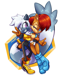 Size: 817x979 | Tagged: safe, artist:jamoart, princess sally acorn (sonic), tangle the lemur (sonic), chipmunk, lemur, mammal, primate, rodent, anthro, archie sonic the hedgehog, idw sonic the hedgehog, sega, sonic the hedgehog (series), 2020, boots, breasts, clothes, duo, duo female, female, females only, gesture, hair, jacket, long tail, one eye closed, peace sign, red hair, shoes, simple background, smiling, tail, thumbs up, topwear, transparent background, winking