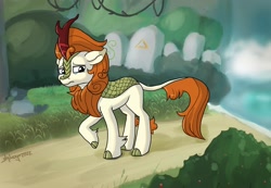 Size: 3250x2250 | Tagged: safe, artist:shikogo, autumn blaze (mlp), equine, fictional species, kirin, mammal, feral, friendship is magic, hasbro, my little pony, 2022, female, frowning, high res, horn, leonine tail, solo, solo female, tail