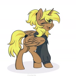 Size: 1536x1536 | Tagged: safe, artist:chickenbrony, oc, oc only, oc:storm cloud, alicorn, equine, fictional species, mammal, pony, feral, friendship is magic, hasbro, my little pony, 2022, brown body, clothes, eye through hair, eyebrow through hair, eyebrows, eyelashes, feathered wings, feathers, female, hair, hoodie, horn, looking at you, looking back, looking back at you, mane, mare, one eye closed, open mouth, ponytail, raised leg, simple background, smiling, solo, solo female, tail, topwear, white background, wings, winking, yellow hair, yellow mane, yellow tail