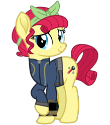 Size: 2800x3200 | Tagged: safe, artist:cheezedoodle96, artist:ponygamer2020, torque wrench (mlp), earth pony, equine, fictional species, mammal, pony, feral, fallout equestria, fallout, friendship is magic, hasbro, my little pony, 2022, bandanna, clothes, cute, eyelashes, female, high res, hooves, jumpsuit, looking at you, mare, overalls, pipboy, rainbow roadtrip, raised hoof, shy, shy smile, simple background, smiling, smiling at you, solo, solo female, transparent background, vault suit, vector