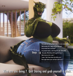 Size: 3150x3300 | Tagged: safe, artist:master98cool, deeja (skyrim), argonian, fictional species, reptile, anthro, the elder scrolls, the elder scrolls v: skyrim, 3d, bra, breasts, butt, clothes, dialogue, digital art, female, huge breasts, huge butt, jeans, pants, sitting, solo, solo female, tail, talking, thick thighs, thighs, underwear, wide hips