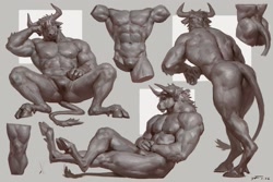 Size: 2000x1333 | Tagged: suggestive, artist:tfiddlerart, oc, oc only, bovid, bull, cattle, mammal, anthro, 2022, abs, bulge, butt, detailed, digital art, digital painting, horns, looking at you, male, monochrome, multiple images, muscles, muscular male, pecs, sitting, sketch page, solo, solo male, spread legs