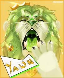 Size: 2330x2836 | Tagged: safe, artist:awakeningwind, oc, big cat, feline, lion, mammal, bust, colored tongue, eyes closed, fur, green tongue, hair, king, male, mane, maw, mawshot, open mouth, sketch, text, tongue, yawning