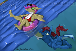 Size: 2000x1333 | Tagged: suggestive, artist:doesnotexist, oc, oc:niamh farquhar, oc:seaward skies, equine, fictional species, fish, kelpie, mammal, pony, shark, anthro, feral, plantigrade anthro, 2022, bikini, blue eyes, blue skin, brown hair, brown skin, clothes, countershading, digital art, female, fins, glasses, green eyes, hair, high res, inner tube, male, oral vore, pink hair, red bikini, shocked, shocked expression, signature, soft vore, subscribestar, sunglasses, swimsuit, underwater, vore, water, webbed wings, white skin, wings