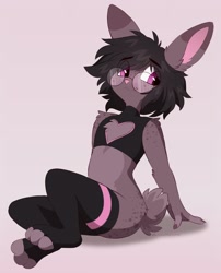 Size: 1700x2100 | Tagged: safe, artist:crimmharmony, lagomorph, mammal, rabbit, anthro, ambiguous gender, black hair, bottomless, brown body, brown fur, chest fluff, clothes, eye through hair, fluff, freckles, fur, glasses, hair, keyhole bra, leaning back, leg warmers, legwear, looking at you, nudity, partial nudity, pink eyes, round glasses, simple background, sitting, smiling, solo, toeless legwear, white background