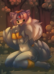Size: 2979x4096 | Tagged: safe, artist:metonka, krystal (star fox), canine, fox, mammal, anthro, digitigrade anthro, nintendo, star fox, 2022, accessories, belly button, blue hair, breasts, covering breasts, covering crotch, covering mouth, detailed background, digital art, ear fluff, ears, eyelashes, female, fluff, forest, front view, fur, hair, jewelry, kneeling, looking at you, necklace, nudity, plant, short hair, solo, solo female, tail, tail fluff, thick thighs, thighs, tree, tribal markings, vixen, wide hips