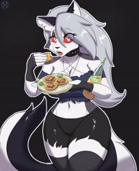 Size: 3171x3909 | Tagged: safe, alternate version, artist:nexcoyotlgt, loona (vivzmind), canine, fictional species, hellhound, mammal, anthro, hazbin hotel, helluva boss, 2022, bedroom eyes, belly button, black nose, bottomwear, clothes, collar, colored sclera, digital art, drink, ears, eating, evening gloves, eyelashes, female, fur, gloves, hair, legwear, long gloves, loona in mexico, meme, open mouth, red sclera, sharp teeth, shorts, simple background, soda, solo, solo female, spiked collar, stockings, taco, tail, tank top, teeth, thighs, tongue, topwear, wide hips
