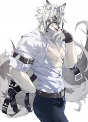 Size: 1513x2090 | Tagged: safe, artist:san188fn, von lycaon (zzz), canine, mammal, wolf, anthro, abs, belt, butler, clothes, ear fluff, fangs, fingerless gloves, fluff, fur, gloves, hair, jeans, male, muscles, muscular anthro, muscular male, pants, pecs, red eyes, sharp teeth, solo, solo male, teeth, tongue, tongue out, video game, white body, white fur, white hair, zenless zone zero