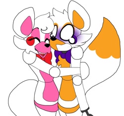Size: 1004x938 | Tagged: source needed, safe, artist:lolbit, lolbit (fnaf), mangle (fnaf), animatronic, canine, fictional species, fox, mammal, robot, five nights at freddy's, chest fluff, eyes closed, female, female/female, flat colors, fluff, gritted teeth, happy, hook, hug, mangbit (fnaf), open mouth, shipping, simple background, standing, surprised, teeth, white background, wide eyes