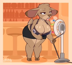 Size: 2856x2588 | Tagged: suggestive, artist:loimu, oc, oc only, oc:loimu, cervid, deer, mammal, anthro, 2022, big breasts, border, bottomwear, breasts, brown body, brown fur, cleavage, clothes, cloven hooves, dewclaw, digital art, ears, fan, female, fur, high res, hooves, indoors, shorts, solo, solo female, stool, sweat, tail, tongue, tongue out