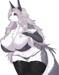 Size: 655x826 | Tagged: safe, artist:ameliemercedez, loona (vivzmind), canine, fictional species, hellhound, mammal, anthro, hazbin hotel, helluva boss, bra, breasts, clothes, female, fluff, huge breasts, legwear, neck fluff, panties, solo, solo female, stockings, tail, thick thighs, thighs, underwear, wide hips