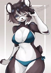 Size: 2527x3569 | Tagged: safe, artist:sue36v, oc, oc only, bear, mammal, panda, anthro, 2022, absolute cleavage, almost nude, bikini, breasts, cleavage, clothes, female, glasses, midriff, round glasses, solo, solo female, swimsuit, tail, thick thighs, thighs, underwear, wide hips