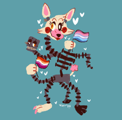Size: 1280x1259 | Tagged: safe, artist:vurren, mangle (fnaf), animatronic, canine, fictional species, fox, mammal, robot, five nights at freddy's, bigender, bigender pride flag, blue background, eyelashes, flag, heart, holding, holding object, lesbian pride flag, looking to the side, pride flag, signature, simple background, solo, standing