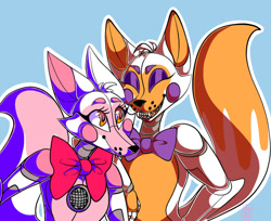 Size: 1024x837 | Tagged: safe, artist:linkification, funtime foxy (fnaf), lolbit (fnaf), animatronic, canine, fictional species, fox, mammal, robot, anthro, five nights at freddy's, 2017, blue background, bow, bow tie, clothes, duo, eyes closed, female, females only, front view, simple background, tail, vixen