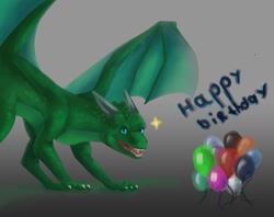 Size: 1474x1168 | Tagged: safe, artist:enestick, oc, oc only, dragon, fictional species, feral, ambiguous gender, birthday, fantasy, green body, solo