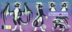 Size: 1280x586 | Tagged: safe, artist:helensan, oc, oc only, oc:tael (mrwhiskers96), dragon, fictional species, reptile, scaled dragon, western dragon, anthro, digitigrade anthro, feral, 2021, abstract background, butt, color palette, complete nudity, featureless crotch, front view, hair, horns, male, mane, nudity, paw pads, paws, rear view, reference sheet, solo, solo male, standing, tail, webbed wings, wings