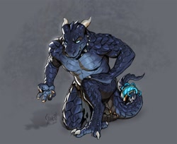 Size: 2459x2008 | Tagged: safe, artist:shamerli, lizard, reptile, anthro, horns, male, muscles, muscular male, scales, solo, solo male, tail