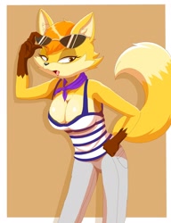 Size: 1570x2048 | Tagged: safe, artist:zebra10045, canine, fox, mammal, anthro, clever raccoon dog, 2022, bedroom eyes, bottomwear, breasts, clothes, digital art, ears, eyelashes, female, fur, glasses, glasses on head, gloves (arm marking), hair, north korea, open mouth, pants, pose, sek studio, shirt, solo, solo female, sunglasses, sunglasses on head, tail, thighs, tongue, topwear, vixen, vixen thief (clever raccoon dog), wide hips