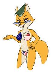Size: 632x922 | Tagged: safe, anonymous artist, lt. fox vixen (squirrel and hedgehog), canine, fox, mammal, anthro, squirrel and hedgehog, 2020, american flag bikini, belly button, bikini, black nose, breasts, clothes, digital art, ears, eyelashes, female, flag bikini, fur, glasses, hat, headwear, looking at you, pose, simple background, solo, solo female, swimsuit, tail, thighs, vixen, white background, wide hips